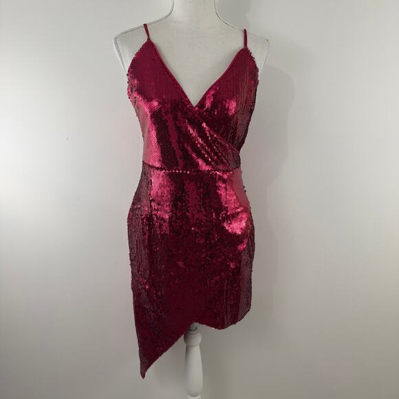 Lulus 'Below‎ The Stars' Red wine Women’s Sequin Asymmetrical Dress Size Small - Picture 3 of 16